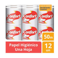 Papel Higiénico Confort Fajilla 50 Metros Una Hoja 12 Rollos