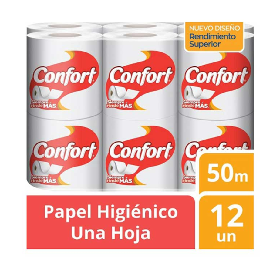Papel Higiénico Confort Fajilla 50 Metros Una Hoja 12 Rollos