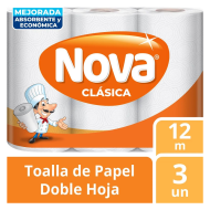 Toalla de Papel Nova Clásica Doble Hoja 3 Rollos x 12 Metros