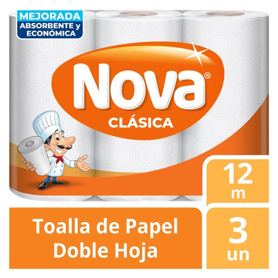 Toalla de Papel Nova Clásica Doble Hoja 3 Rollos x 12 Metros