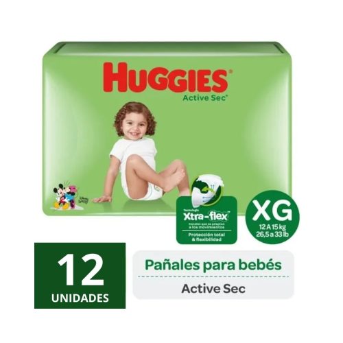 Pañales Huggies Active Sec Talla XG 12 un