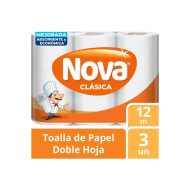 Toalla de Papel Nova Clásica Doble Hoja 3 Rollos x 12 Metros