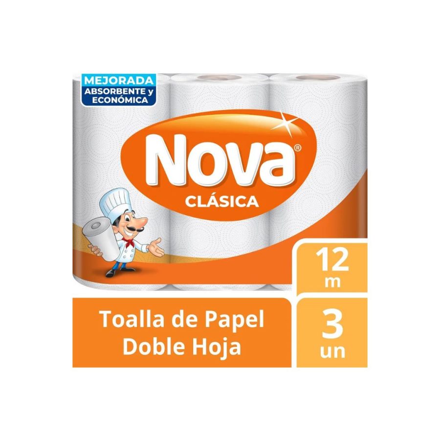 Toalla de Papel Nova Clásica Doble Hoja 3 Rollos x 12 Metros
