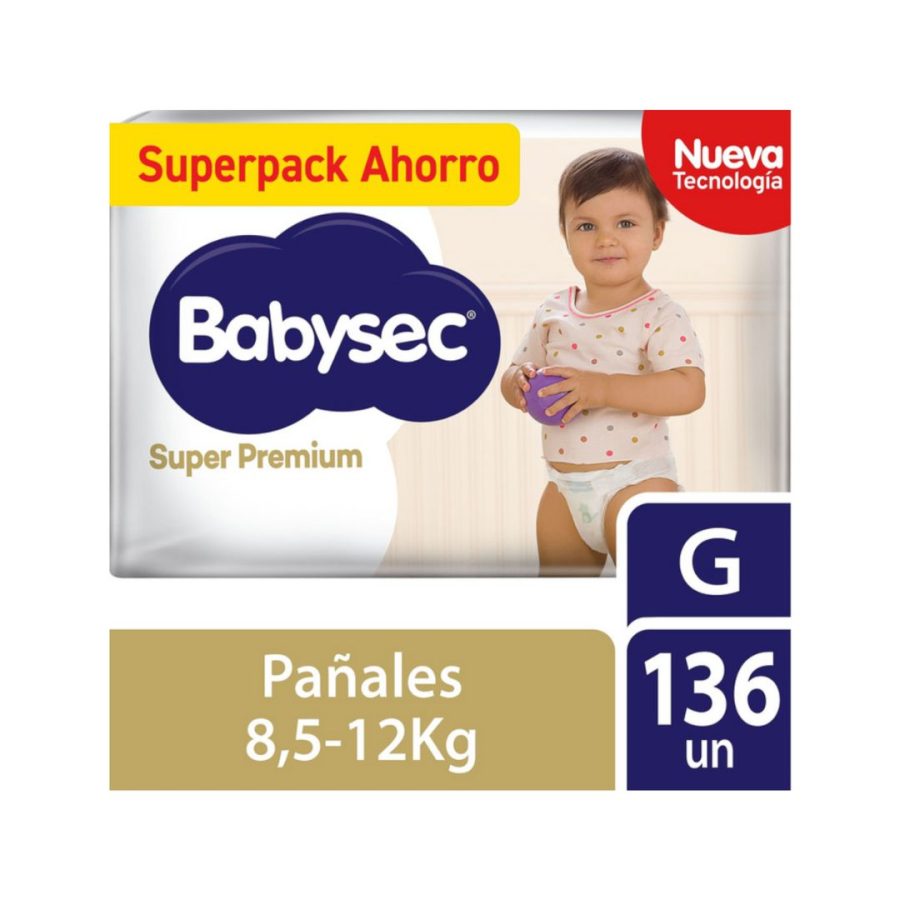 Pañales Babysec Super Premium Talla G 136 unidades