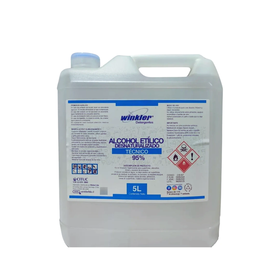 Winkler Alcohol Etílico Desnaturalizado Técnico 95% Envase 5 L