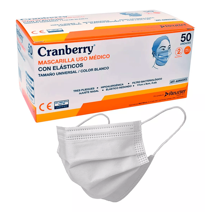 Mascarillas Mascarilla 3 Pliegues Con Elásticos 50 Unidades - Cranberry