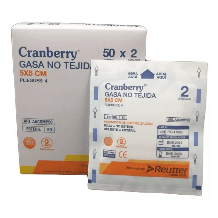 GASAS Gasa Estéril No Tejida Cranberry 5x5 Caja 2 x 50 Sobres