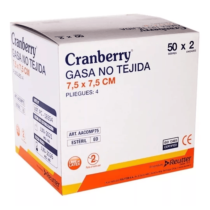 GASAS Gasa Esteril No Tejida Cranberry 7,5x7,5cm Caja 2 x 50 Sobres