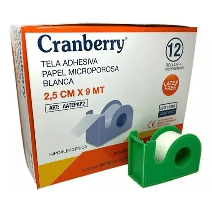 CAJA 12 UNIDADES Tela Adhesiva, Papel Microporosa 2,5cm x 9 m +dispensador - Cranberry